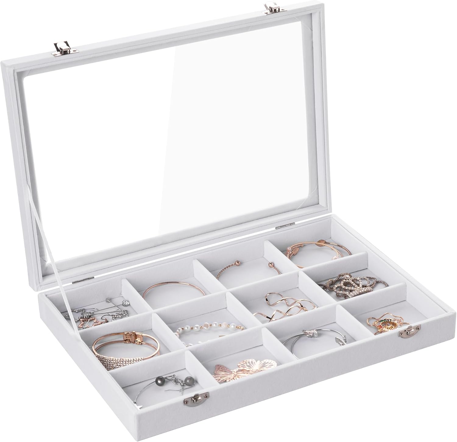 Frebeauty Velvet Jewelry Tray,12 Grid Jewelry Organizer with Clear Lid,Bracelets Holder,Jewelry Display Case with Clasp,Drawer Insert Bangle Brooch,13.8 x 9.5 x 2 Inches,Gift for Women Girls(White)
