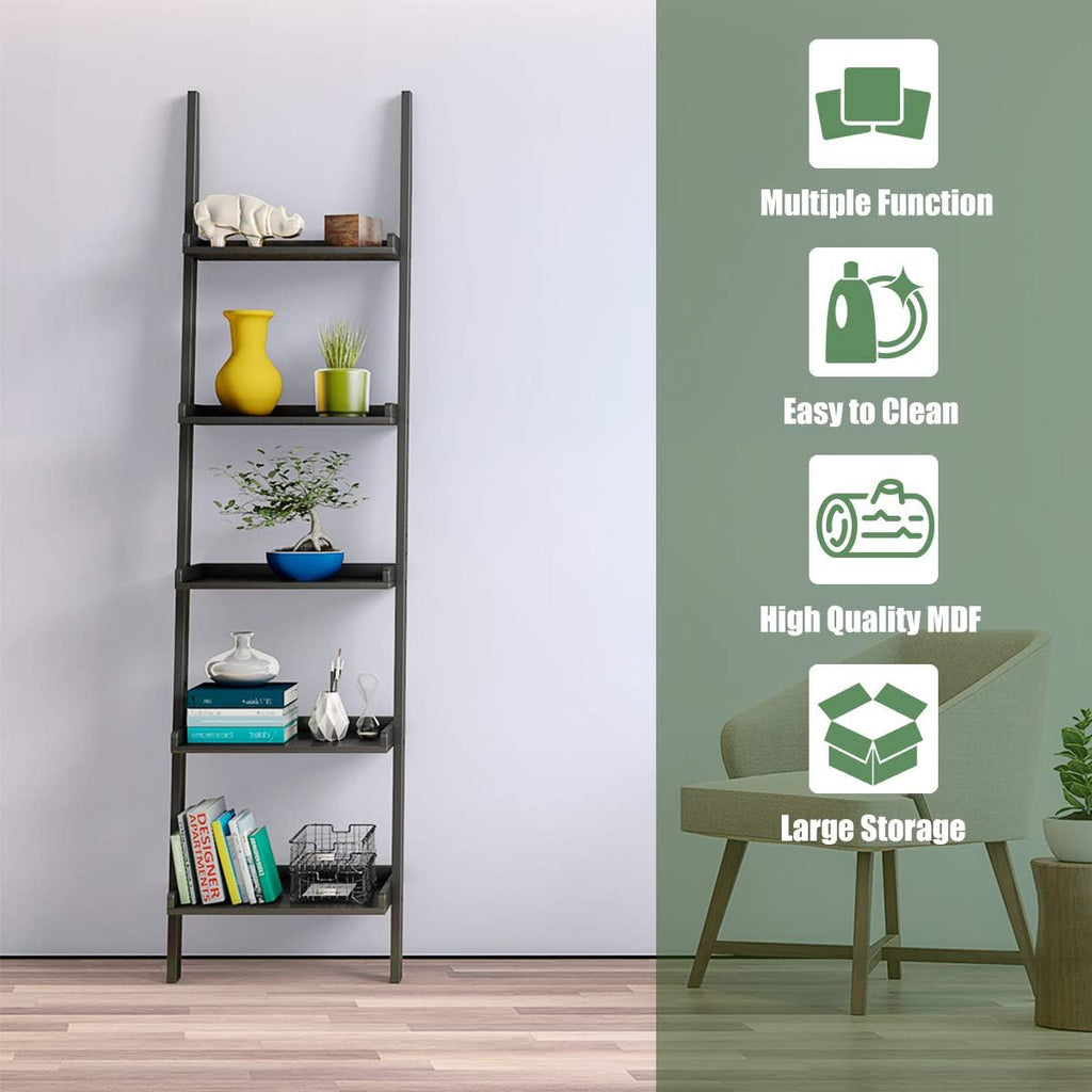 Tangkula Ladder Shelf, 5-Tier Multifunctional Modern Wood Plant Flower Book Display Shelf, Home Office Storage Rack Leaning Ladder Wall Shelf (Black, 1)