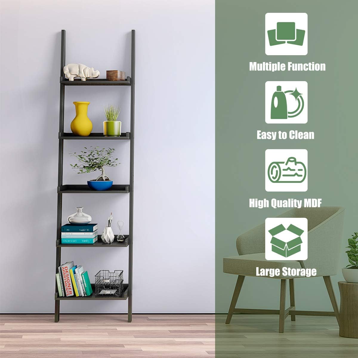 Tangkula Ladder Shelf, 5-Tier Multifunctional Modern Wood Plant Flower Book Display Shelf, Home Office Storage Rack Leaning Ladder Wall Shelf (Black, 1)