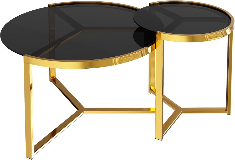 31.5" Gold Round Nesting Coffee Table Set of 2, Modern Tempered Glass Co...