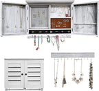 Rustic Wall Mounted Jewelry Organizer,Vintage Wooden Hanging Jewelry Holder Box with Barndoor Decor for Necklaces, Earings, Bracelets, Rings, Accessories. Includes Hook Organizer (MILK WHITE)