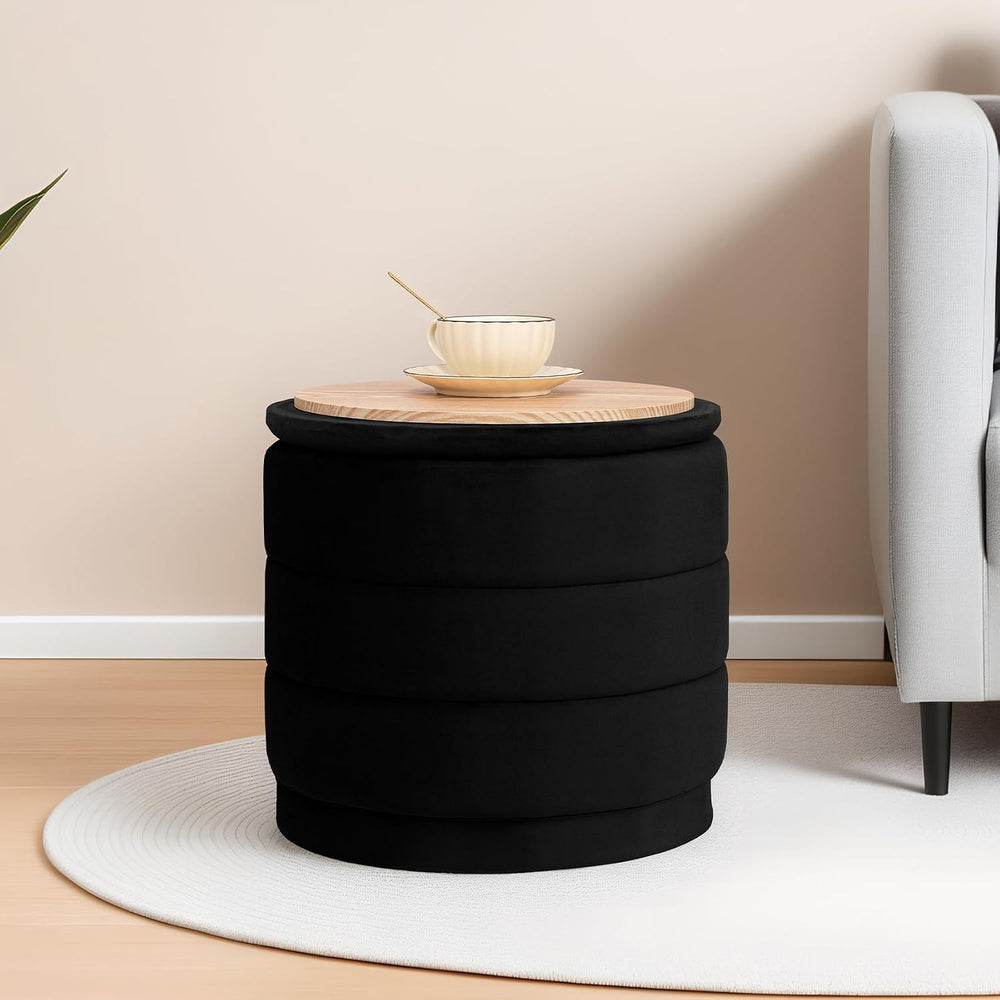 15" Round Velvet Storage Ottoman with Tray | Upholstered Folding Foot Re...