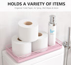 Toilet Tank Tray Organizer – Oak Wood Bathroom Counter Basket with Metal Frame, Back of Toilet or Tank Top Paper Holder Storage – Pink Modern Decor