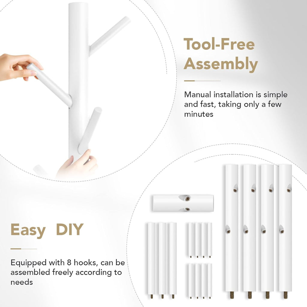 Wooden Coat Rack Freestanding with 8 Hooks,Easy Assembly New Zealand Pine Tree Coat Racks, 3 Adjustable Sizes for Clothes, Hats, Bags, for Entryway, Hallway, Bedroom, Office (White, 1 PC)