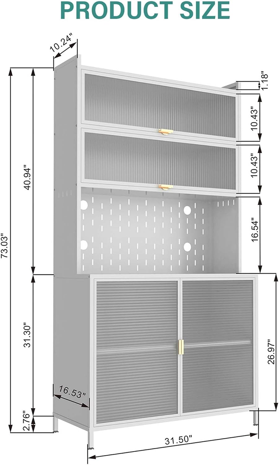 73'' Kitchen Cabinet with Countertop, Freestanding Food Pantry Cabinet with Doors & Microwave Shelf, Coffee Bar Hutch Cabinets with Storage & Pegboard for Kitchen Dining Room Living Room (White)