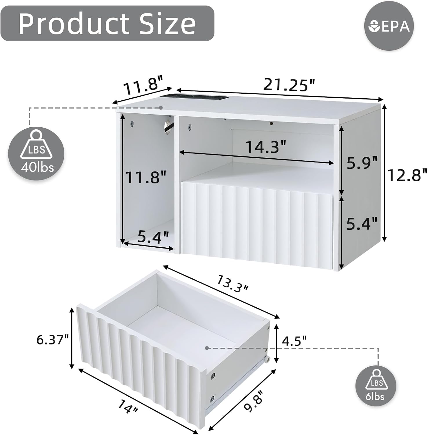 Modern Matte White Fluted Floating Nightstand with Charging Station, NightStand with Drawers, Bedside with USB Ports and Outlets, Bedroom Furniture (Set of 2)