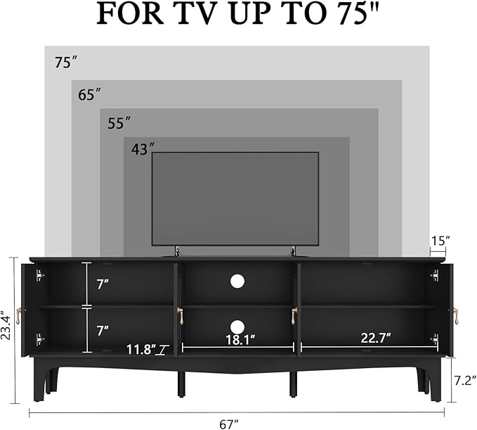 ARTPOWER 67“ Mid-Century Modern TV Stand for TVs up to 75”,Entertainment Center with Door Cabinets and Open Shelves,TV Console with Storage,Black Media Cabinet for Living Room,Bedroom