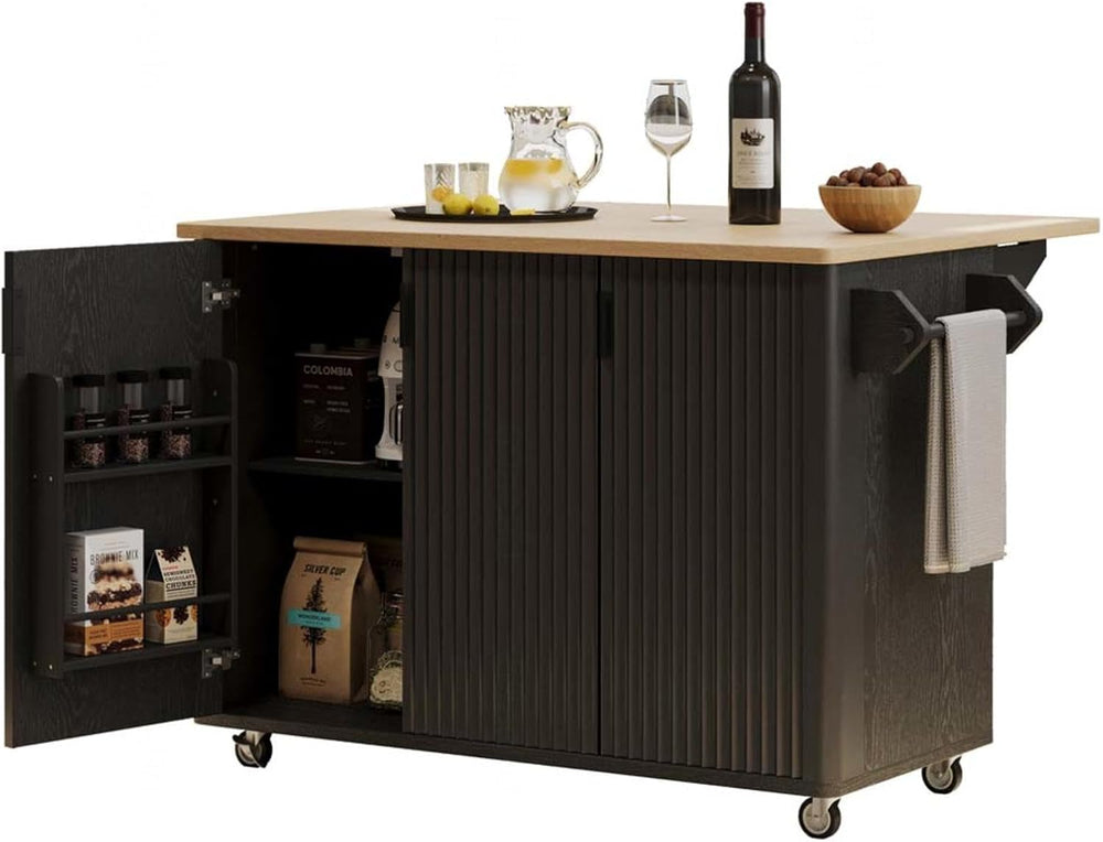 Movable Kitchen Island with Drop Leaf Height-Adjustable Shelves, Kitchen Isla...