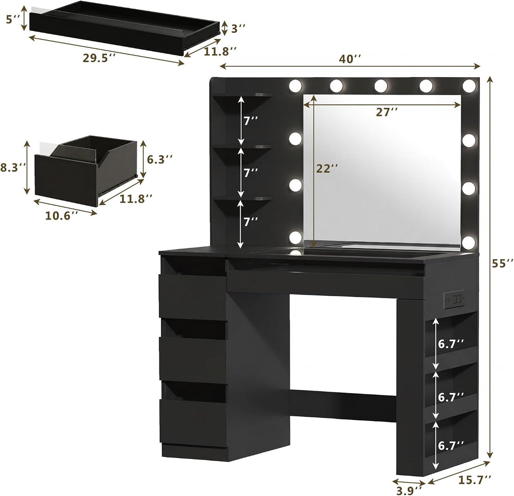 HUAHUU Vanity Desk with Lighted Mirror & Transparent Top, Makeup Vanity D...