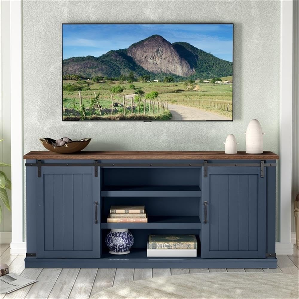 LIVILAND 68 in. TV Media Stand for TV up to 75 in. Navy w/Walnut Color Desktop