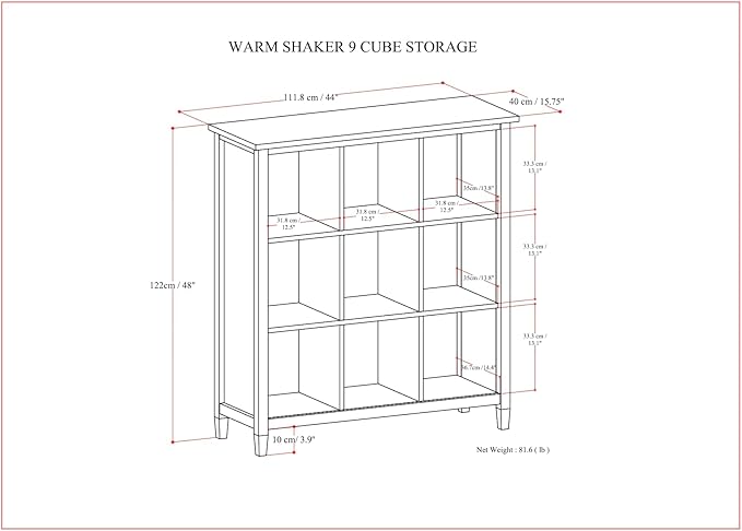 SIMPLIHOME Warm Shaker Bookcase - 44 inch Tall 9-Cube Solid Wood Cube Organizer in Light Golden Brown, Transitional Storage for Living Room, Study Room or Office with Fixed Shelves and Tapered Legs