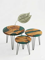 Handcrafted Olive Wood and Walnut Nesting Tables with Resin Inlay, Round Tops, Hairpin Legs, Set of 3 (Green, Olive)