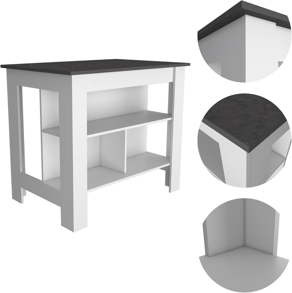 Kitchen Island with Four Legs and Three Shelves - White/Onyx | Three-tiered d...
