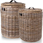 The Basket Lady Round Wicker Hamper | Wicker Laundry Hamper Nested Set of 2 Serene Grey…