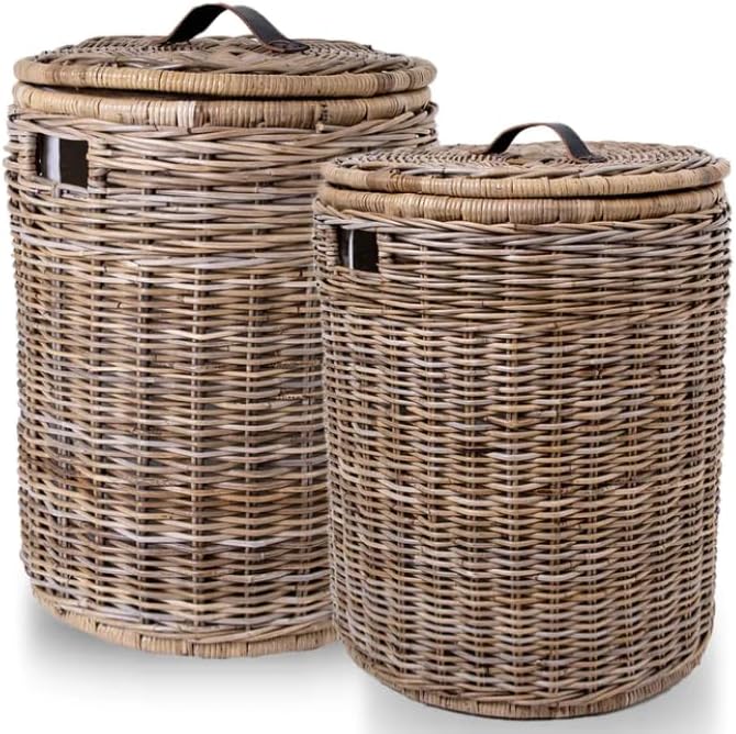 The Basket Lady Round Wicker Hamper | Wicker Laundry Hamper Nested Set of 2 Serene Grey…