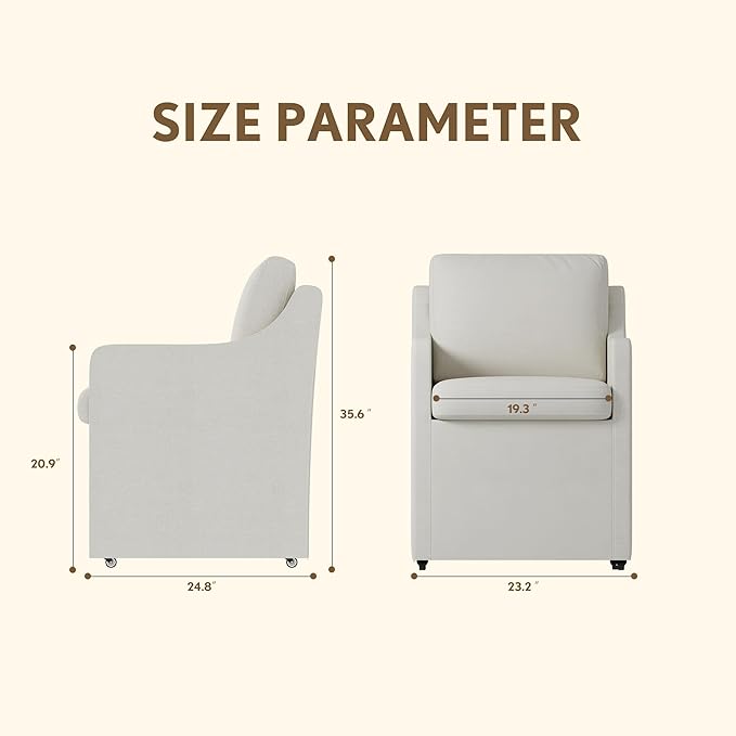 Upholstered Dining Chairs Set of 2, Modern Rolling Linen Dining Chairs with Casters,Swivel Armchair with Storage for Reading Room Kitchen Dining Room (Cream)
