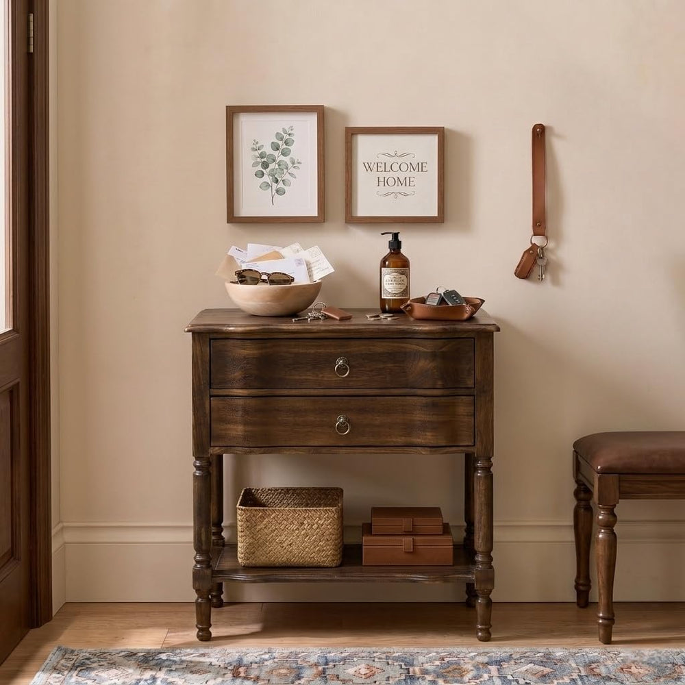 HULALA HOME End Table with Charging Station, Solid Wood Side Table with 2 Dra...