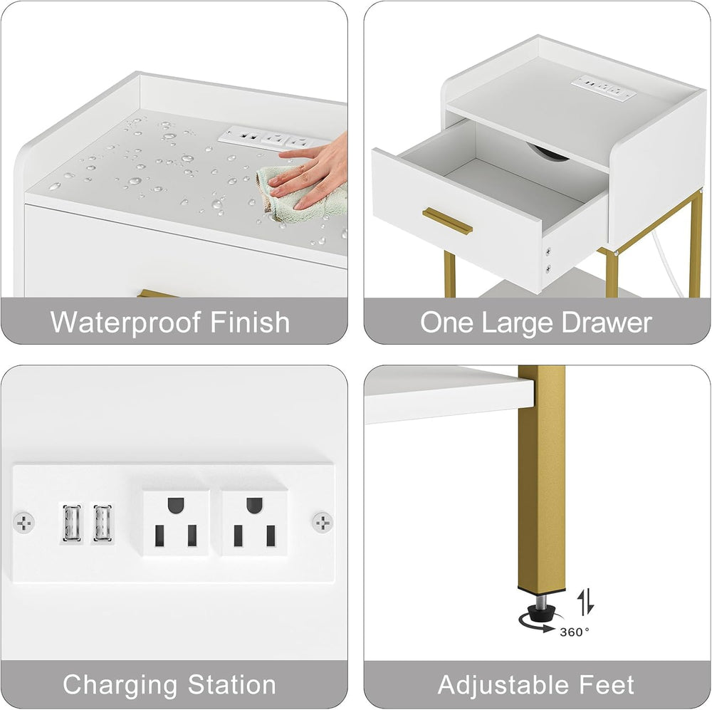 Aienvey Nightstand with Charging Station,Bedside Table with Drawer and 2 Shel...