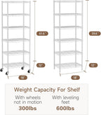 Small 6 Tier Shelf Storage Wire Shelving Unit Metal Shelves Adjustable Organizers Storage Shelving with Wheels for Bathroom Laundry Room Kitchen Pantry12”D x 18”W x 61.6”H White