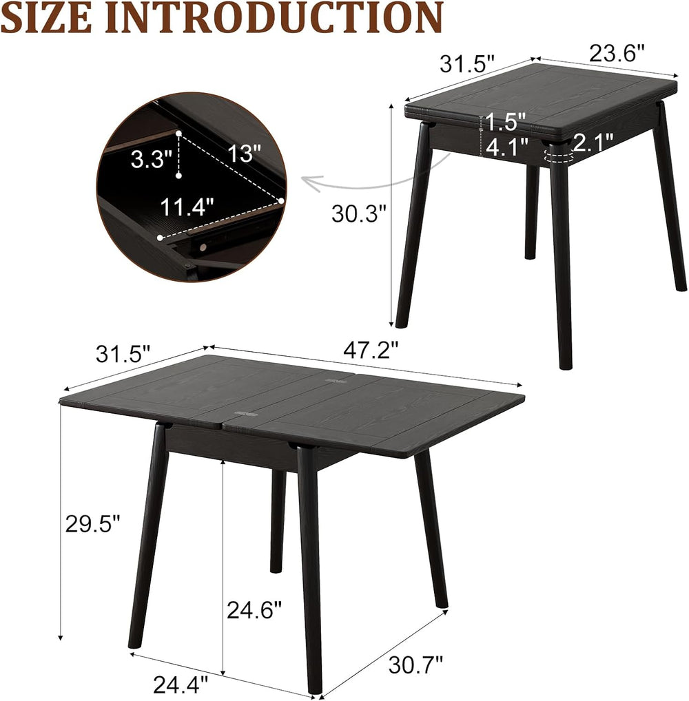 Solid Wood Small Dining Table, 23.6"L-47.2"L Expandable Kitchen Tab...