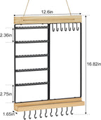Feyejade Hanging Jewelry Organizer, 5-Tier Wall Earring Holder with Wooden Ring Groove, Jewelry Rack Wall Mounted for Earrings, Necklaces, Bracelets and Rings, Jewelry Holder Stand, Black