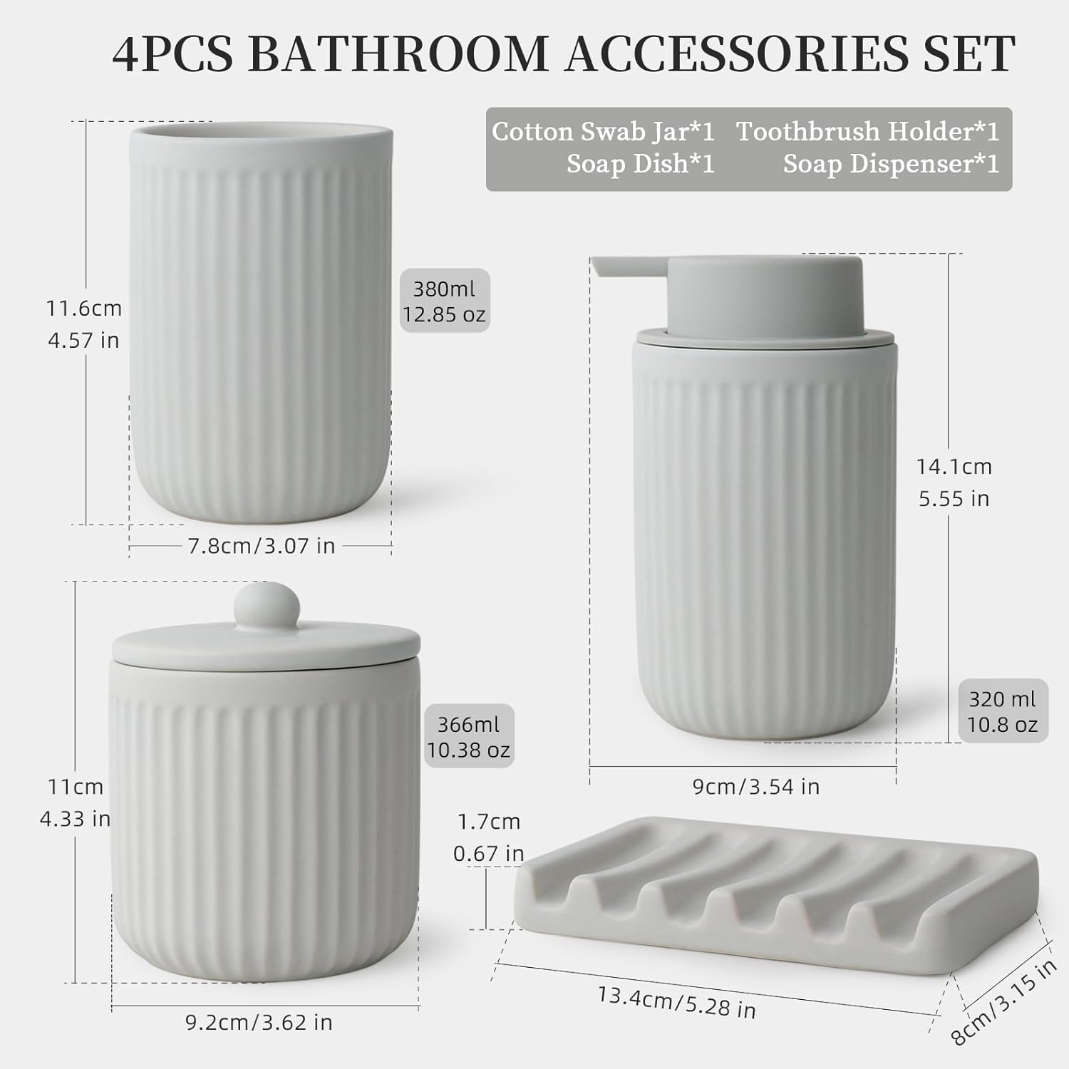 BosilunLife Ceramic Bathroom Accessories Set - Bathroom Counter Soap Set Light Grey Bathroom Decor Sets Accessories Bathroom Lotion Soap Dispenser and Toothbrush Holder Set, Soap Dish, Apothecary Jars