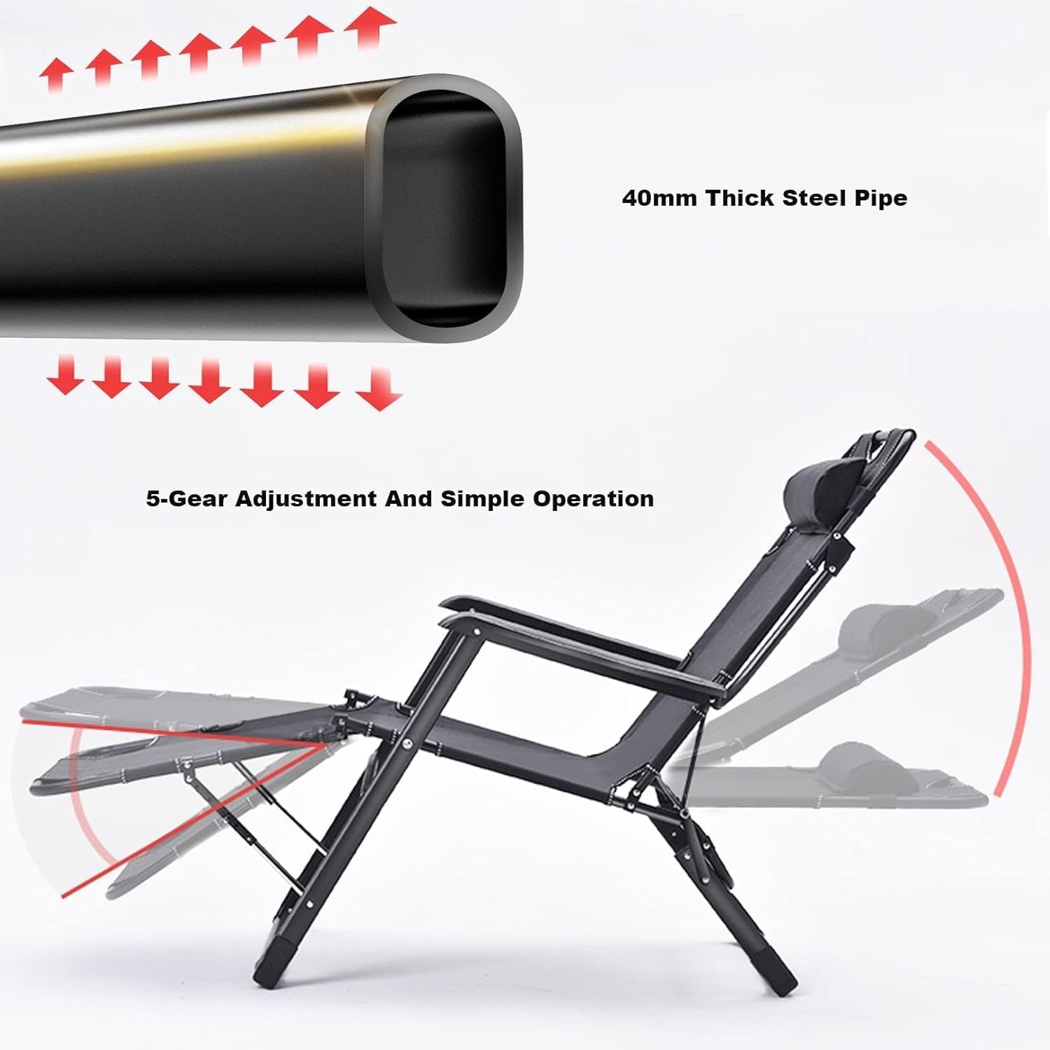Portable Lounge Chairs Folding Reclining Chairs Sun Patio Chaise Pool Lawn Chaise with Soft Cushion(Recliner)