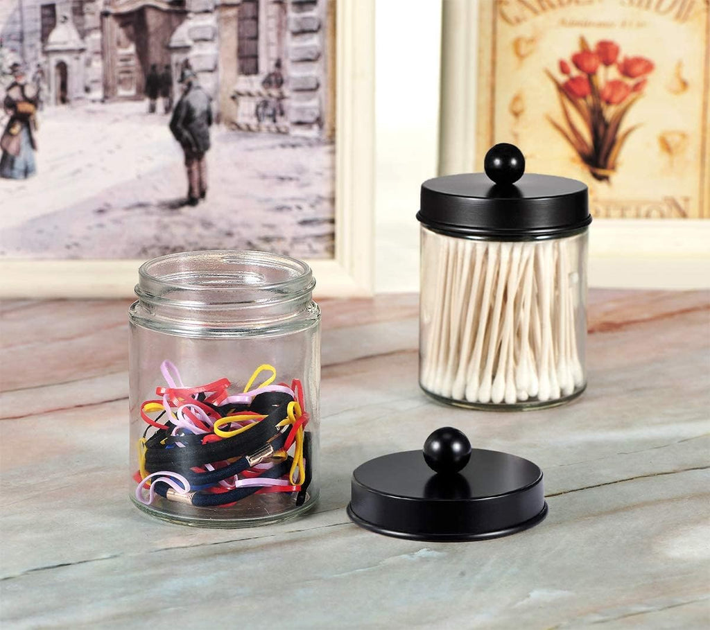 Amolliar Apothecary Jars Bathroom Storage Organizer - Cute Qtip Dispenser Holder Vanity Canister Jar Glass with Lid for Cotton Swabs,Rounds,Bath Salts,Makeup Sponges,Hair Accessories/Black（2 Pack）
