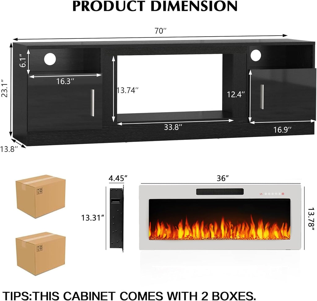 70" Black TV Stand with 36" White Electric Fireplace, 750W/1500W Entertainment Center for TVs up to 80", 20-Color LED, 300lbs Max Capacity High Gloss Cabinet, Two-Tone Style