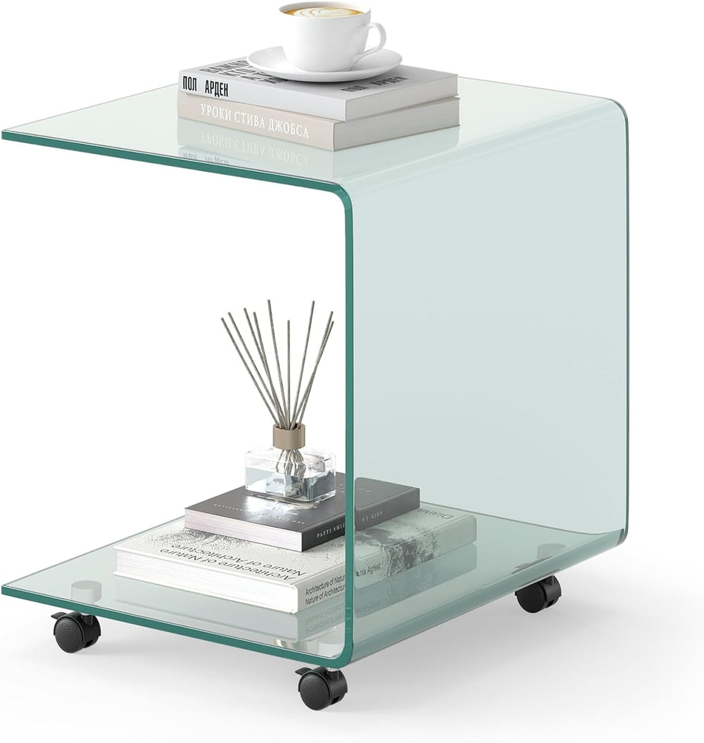 Tangkula Tempered Glass Side Table, Modern C-Shaped Bedside Table Nightstand ...