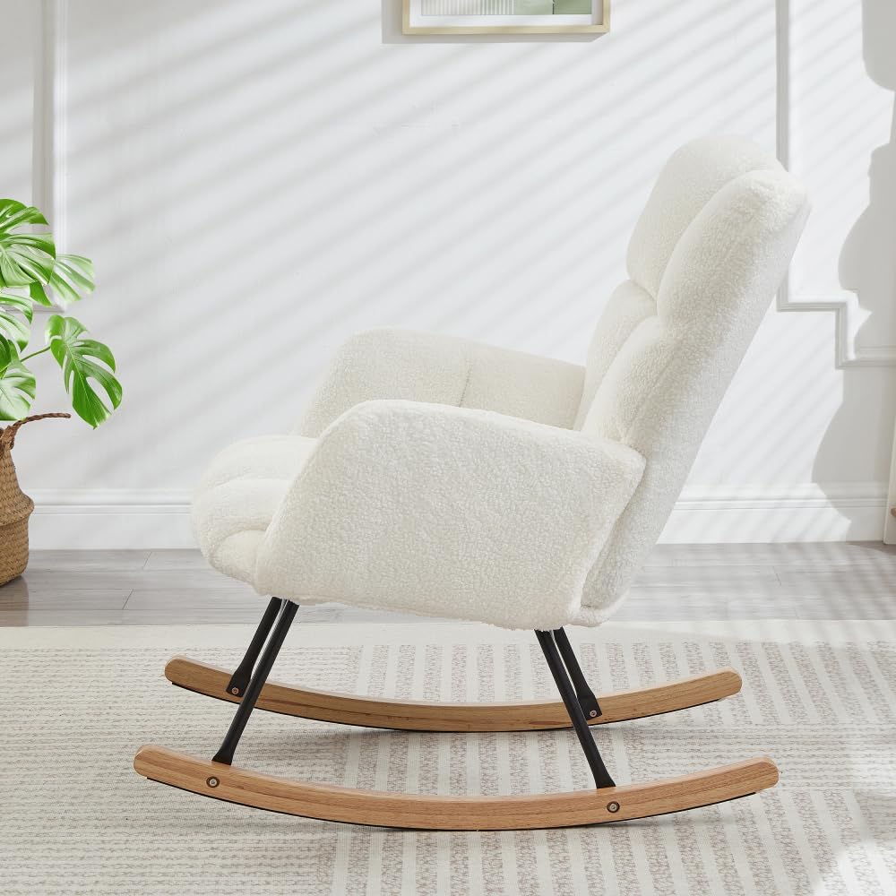 Glider Chair for Living Room Tufted Upholstered Teddy Fabric Rocking Chair wi...