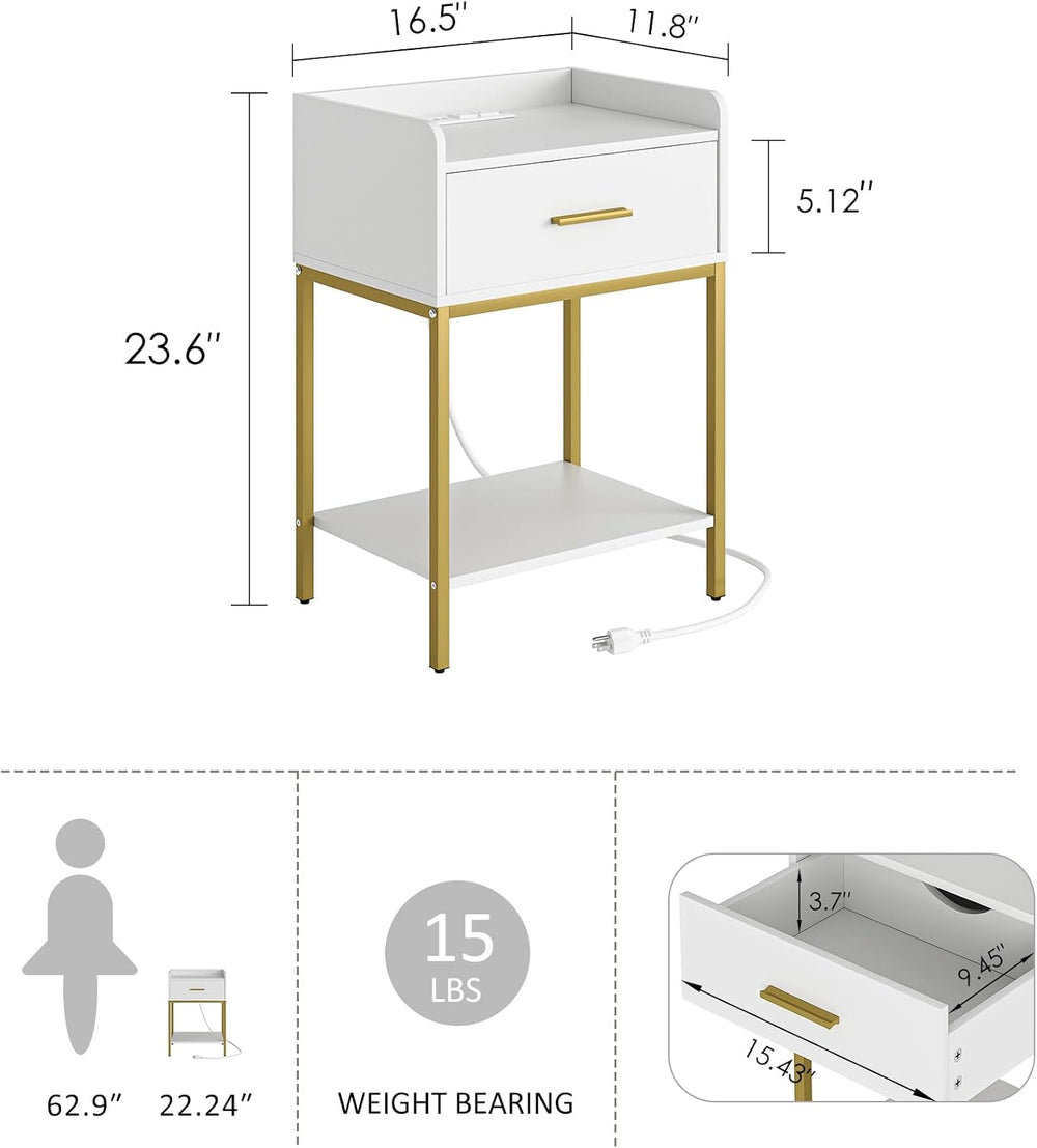 Aienvey Nightstand with Charging Station,Bedside Table with Drawer and 2 Shel...