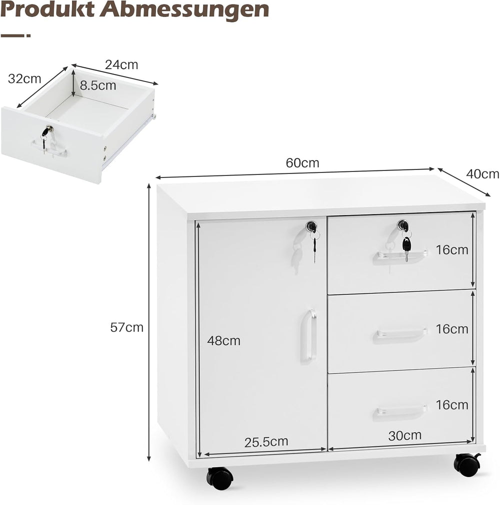 TUKAILAi 3-Drawer Mobile Filing Cabinet Lockable – Under Desk Pedestal on Cas...