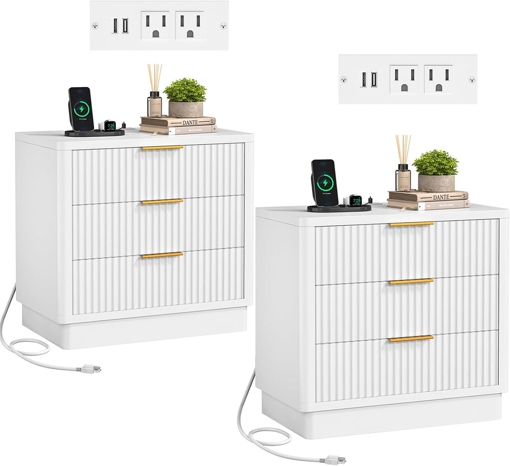ELYKEN 24'' Nightstand Set of 2, Outlet & 3 Drawers, Fluted Bedsi...