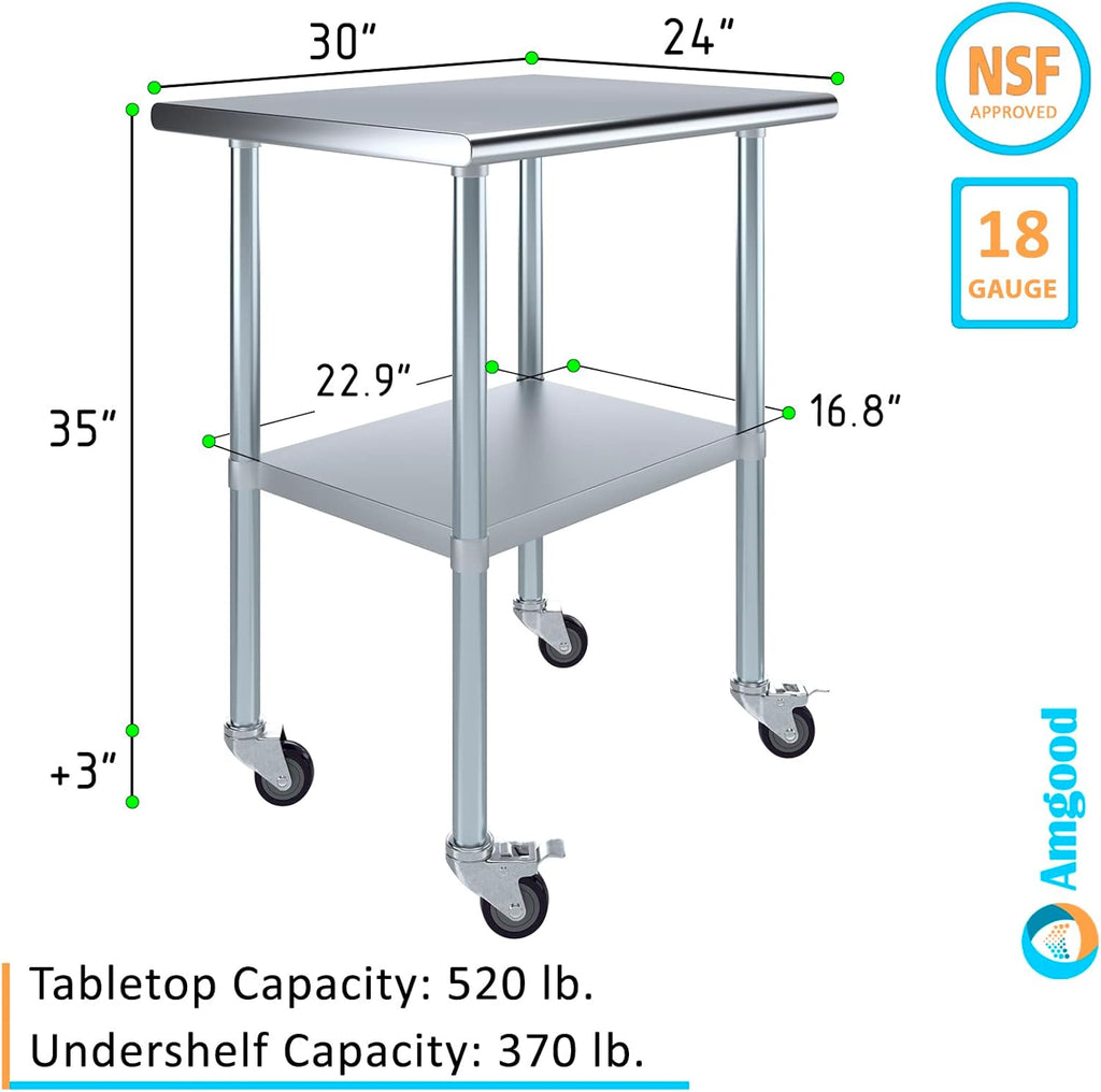 AmGood 24" x 30" Stainless Steel Work Table with Casters | Heavy Duty Metal Utility Table On Wheels | Kitchen Island Cart
