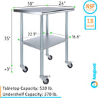 AmGood 30" Long x 24" Deep Stainless Steel Table with Casters