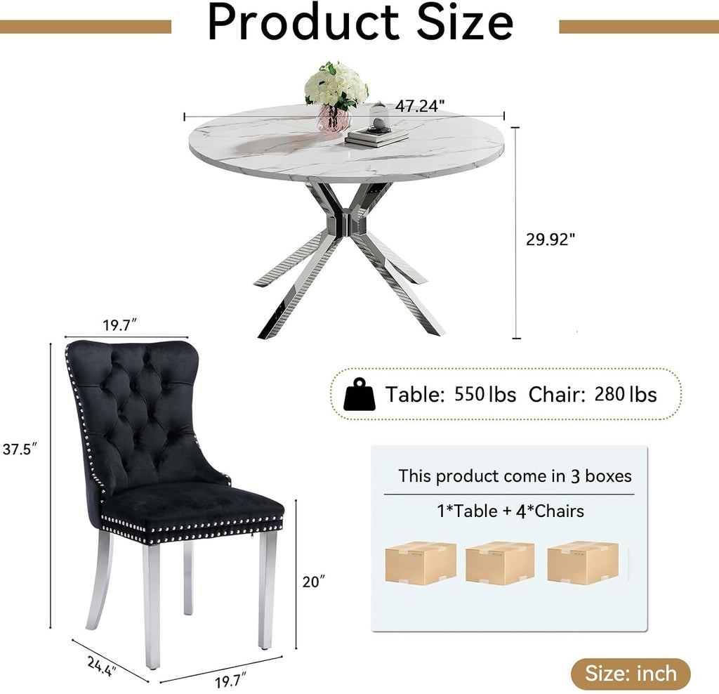 47.2" Round Dining Table Set for 4, White Faux Marble Kitchen Table & 4 Black Velvet Chairs with Silver Stainless Steel Legs, Luxury 5 Piece Round Dining Room Table Set for Kitchen Dining