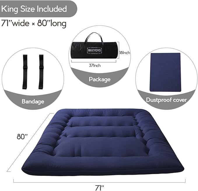 MAXYOYO Japanese Floor Mattress Futon Mattress, 4" Thicken Tatami Mat Sleeping Pad Foldable Roll Up Mat Boys Girls Dormitory Pad Kids Floor Lounger Pillow Bed, Charcoal Grey, Queen Size