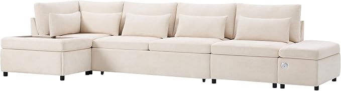 Ball & Cast Modular Convertible L-Shaped Sectional Sleeper Sofa Bed Pull Out Couch with Moveable Storage Ottoman,Oversized Chenille Pull-Out Sofa Bed W/Reclining Armrest&USB Port,for Living Room,Beige