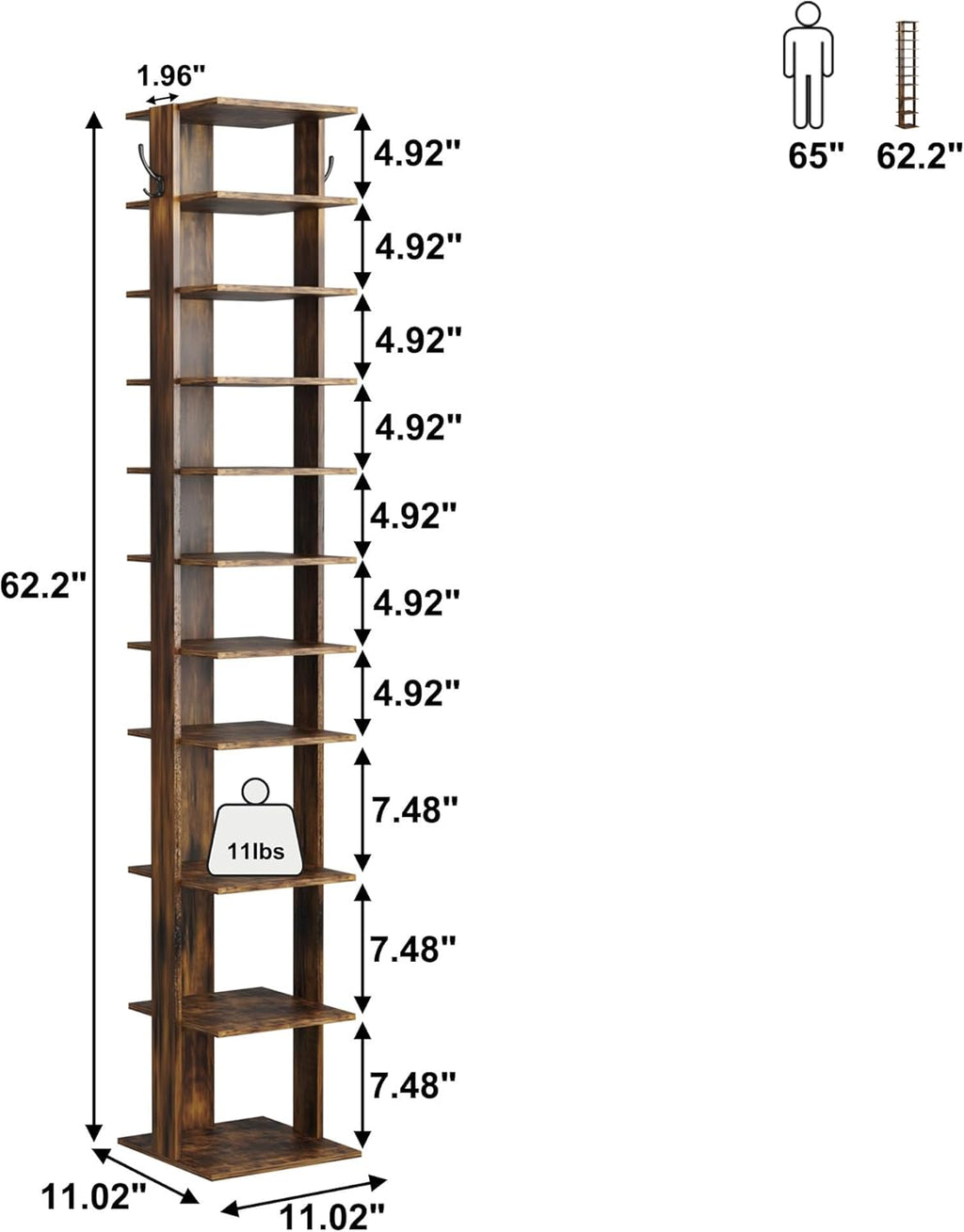 HOMEFORT 10-Tier Vertical Shoe Rack, Corner Shoe Tower, Slim Shoe Organizer with Two Hanging Hooks, Wooden Shoe Storage Stand for Entryway, Hallway, Closet, Rustic Brown