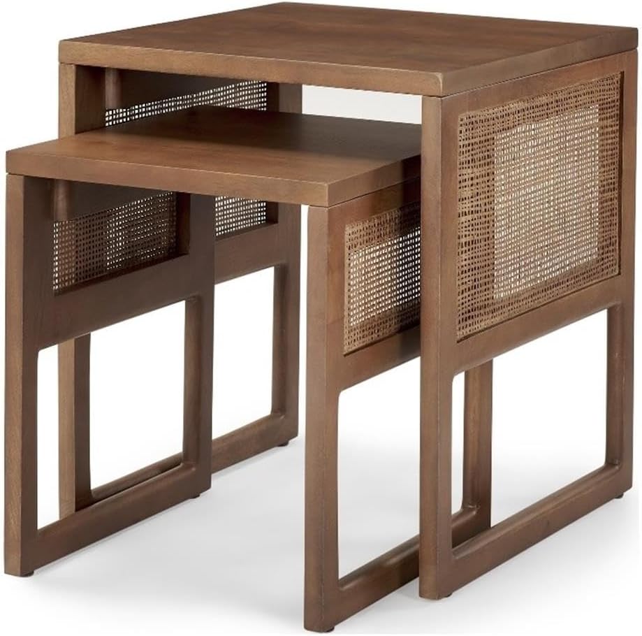 Mercana Grier Set of 2 Medium Brown Solid Wood w/Cane Nesting Accent Tables