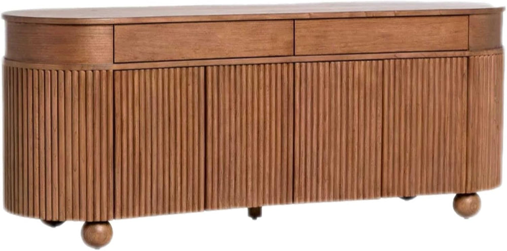 French Mid-Century Curved Fluted Solid Wood Sideboard – Premium Storage Cabin...