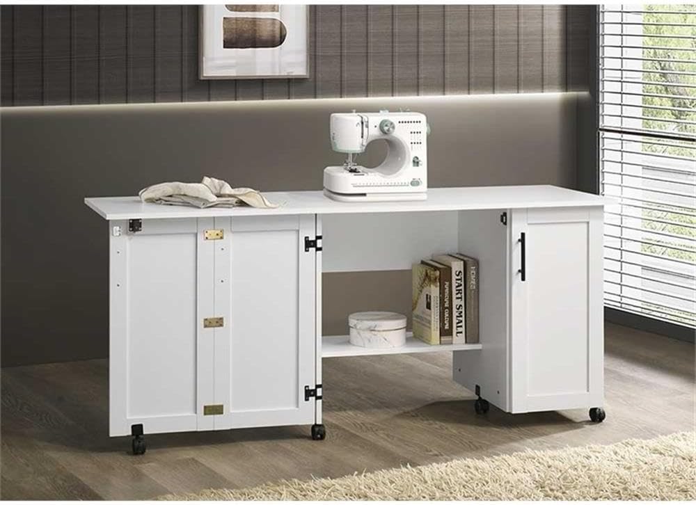 Pemberly Row White Rolling Kitchen Cart with Drop Leaf – Engineered Wood Stor...