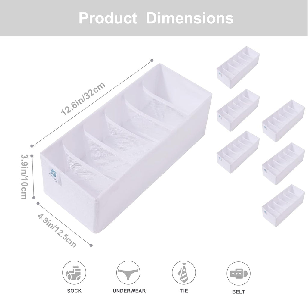 Qozary 6 Pack Sock Underwear Drawer Organizer Dividers, Collapsible Cabinet Closet Storage Boxes for Clothes, Socks, Lingerie, Underwear, Tie, Belt, Baby, Bedroom