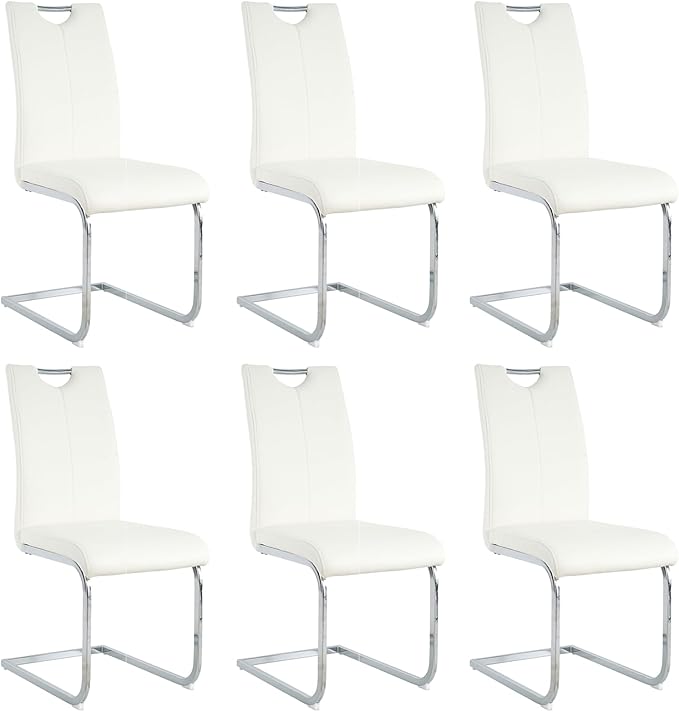 Goujxcy Dining Chairs Set of 6, Modern High Back Kitchen Chairs with Metal Legs and Faux Leather Padded Seat Upholstered Dining Chairs for Dining & Kitchen,Living Room (White&Silver, Set of 6)