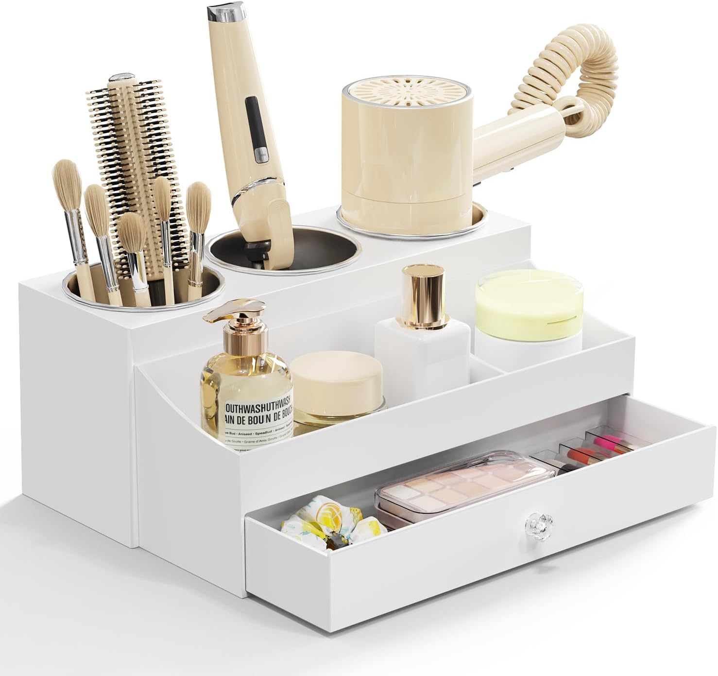 Acrylic Hair Dryer Holder with Drawer, Bathroom Organizer Countertop Drawers with 3 Stainless Cups, Makeup Vanity Accessories, Hair Hot Tools Organizer, Toiletry, White