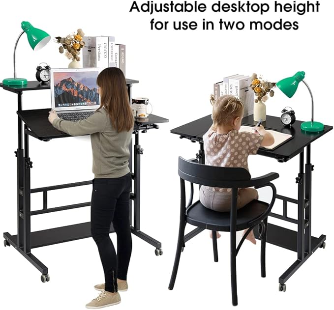 Hadulcet Mobile Standing Desk, Rolling Table Adjustable Computer Desk, Stand Up Laptop Desk Mobile Workstation for Home Office Classroom with Wheels, Black