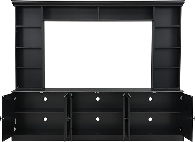SOFTSEA 4-Piece Entertainment Center Wall Unit for TVs up to 70", Large TV Stand Wall Unit with Bookshelves, 6 Doors & Adjustable Shelves, Media Console with Bridge for Living Room, Black