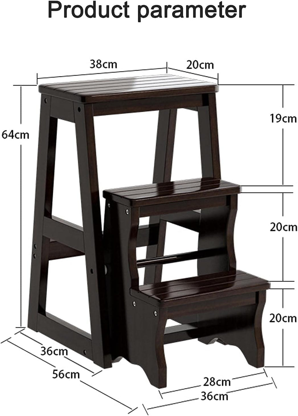 Step Ladder, Folding Stepladder Wood 3 Step Stool, for Adults Kitchen Wooden Ladders Small Foot Stools Ladder, Units 300 lb Capacity (Black)