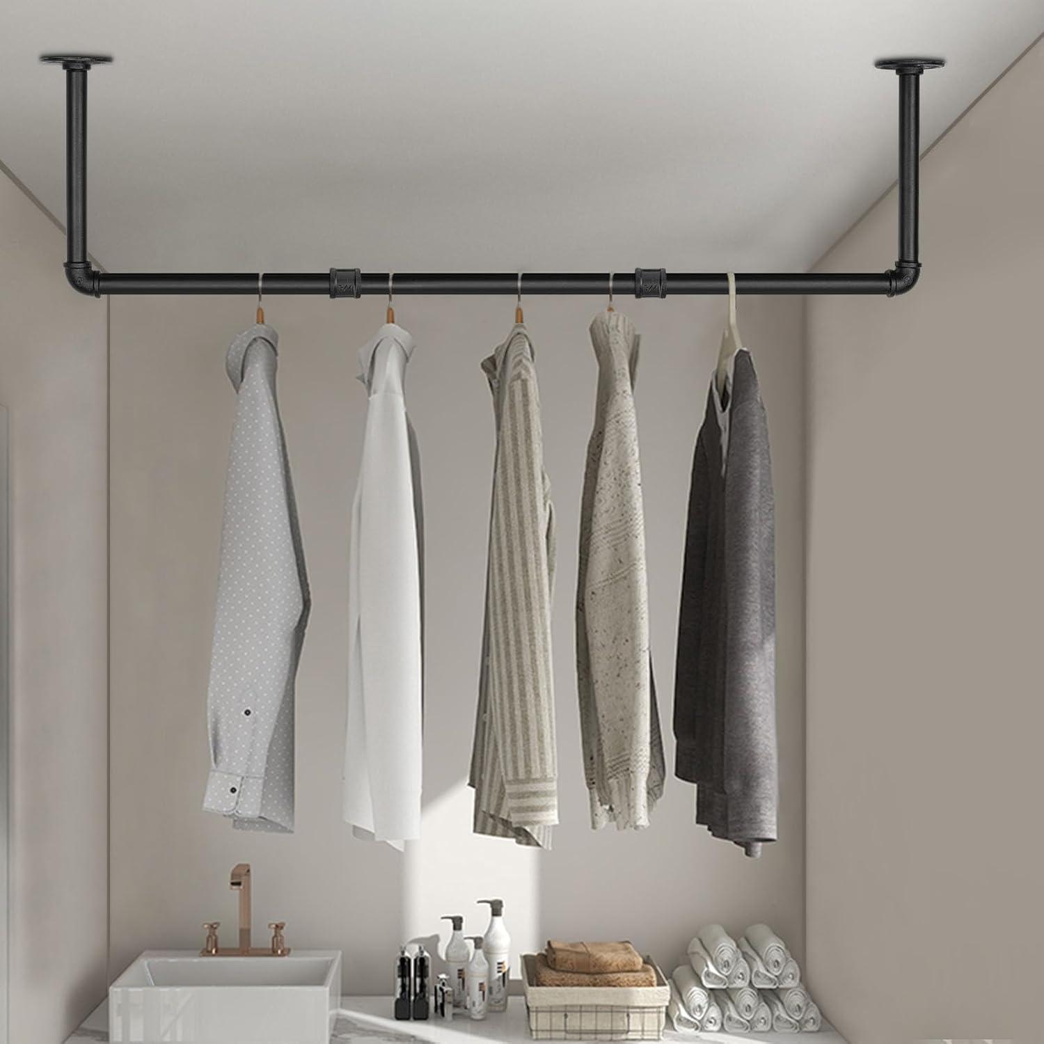Industrial Iron Pipe Clothes Hanging Bar DIY Wall-Mounted Garment Rack Heavy Duty Clothing Rack for Bedroom, Laundry Room, Closet Storage (Black 40 inch)